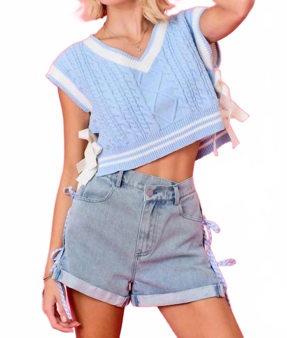 NEW DAY + MOON asymmetrical waist denim shorts in blue